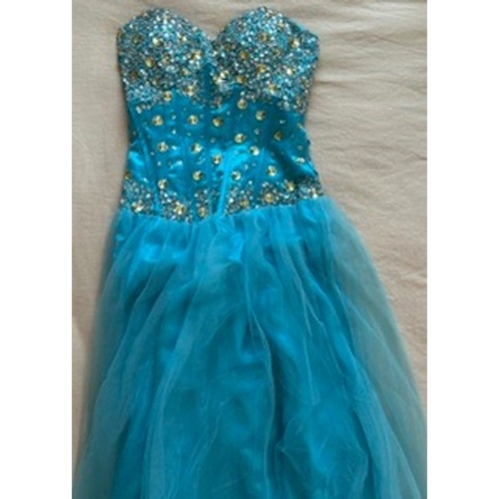 Aqua Blue Rhinestone Embellished Tulle Prom Gown Corset Back Sweetheart Dress